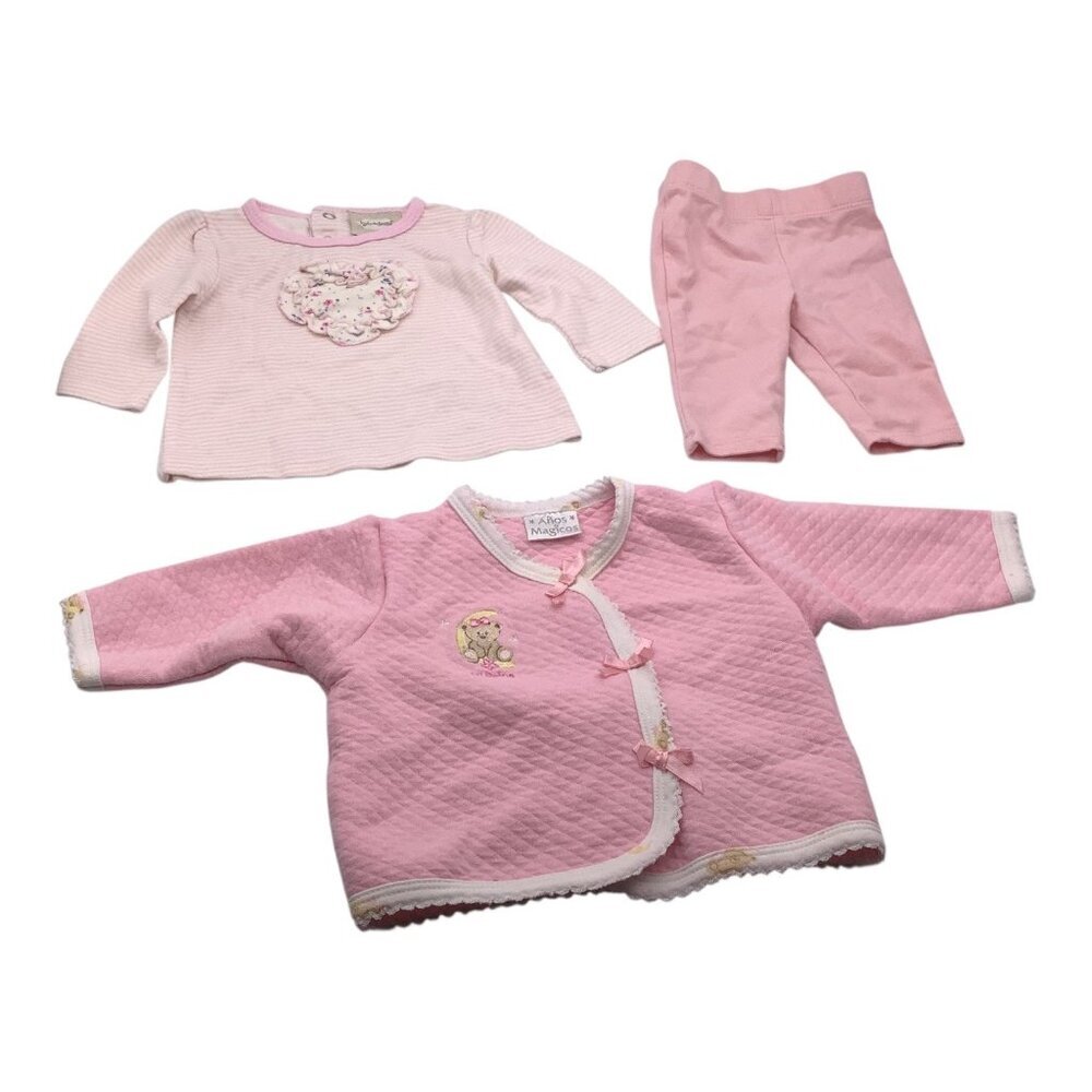Lot of 3 Baby Girl Size‎ 0-6M Pink White Bear Jacket Stripe Shirt Pants